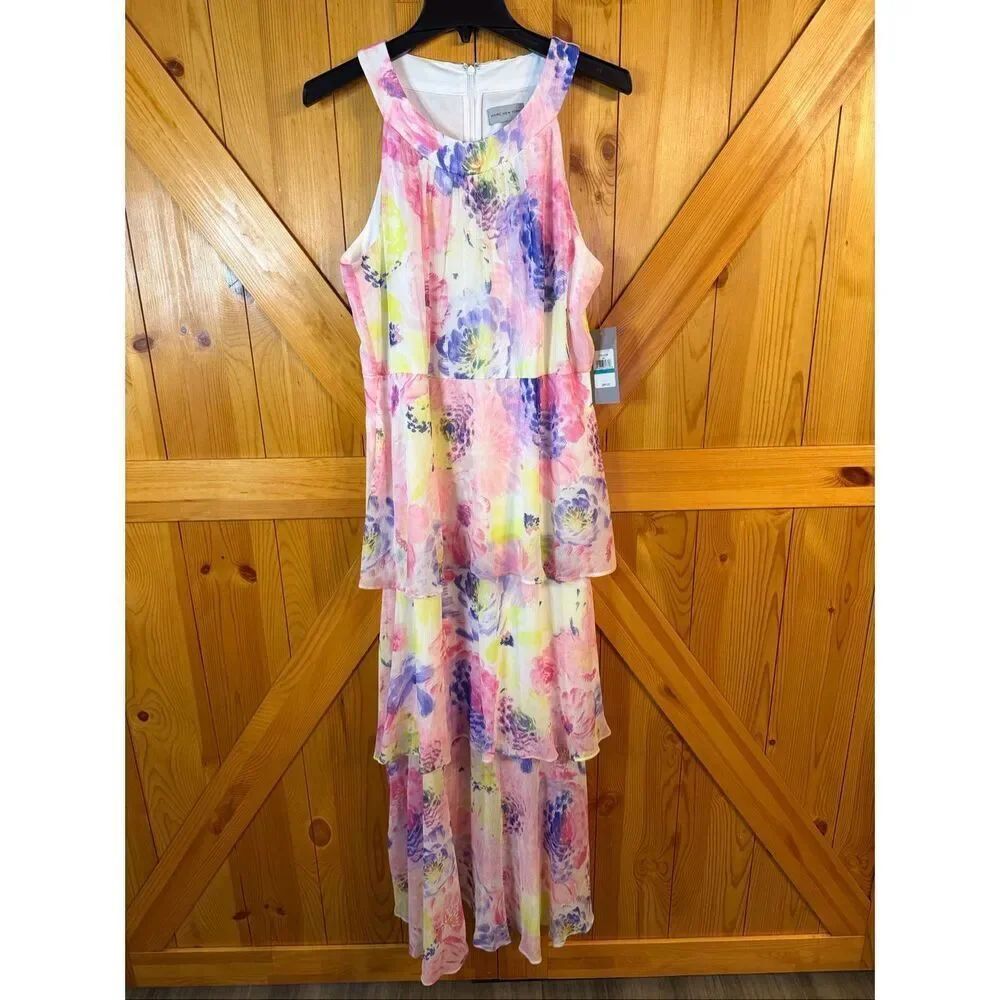 Marc New York Tiered Sleeveless Floral Maxi Pink Purple Dress NWT Size 16P (6441